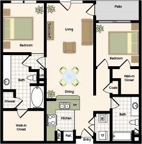 Floor plan for 2 beds, 2 baths, 1265 sqft